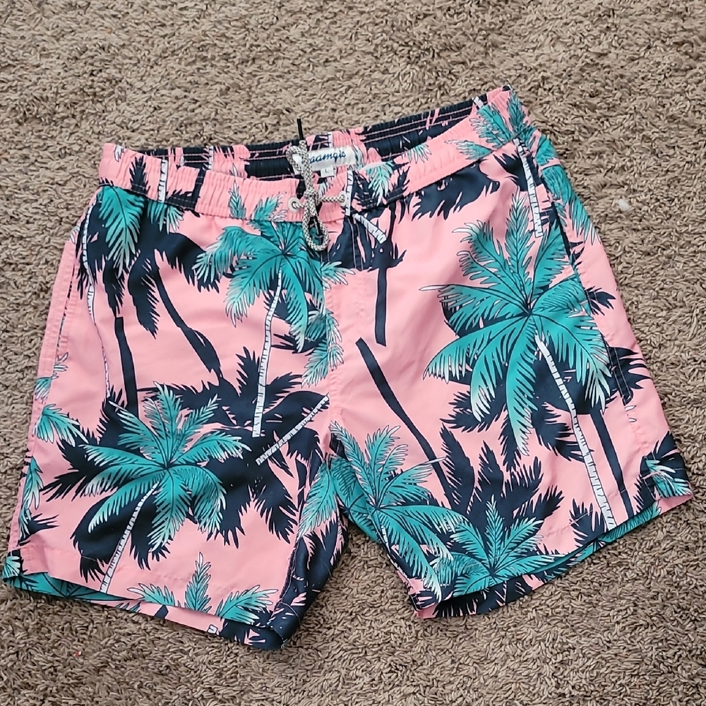 Maamgic Pink and Green Palm Tree Swim Shorts, Mens Size Large